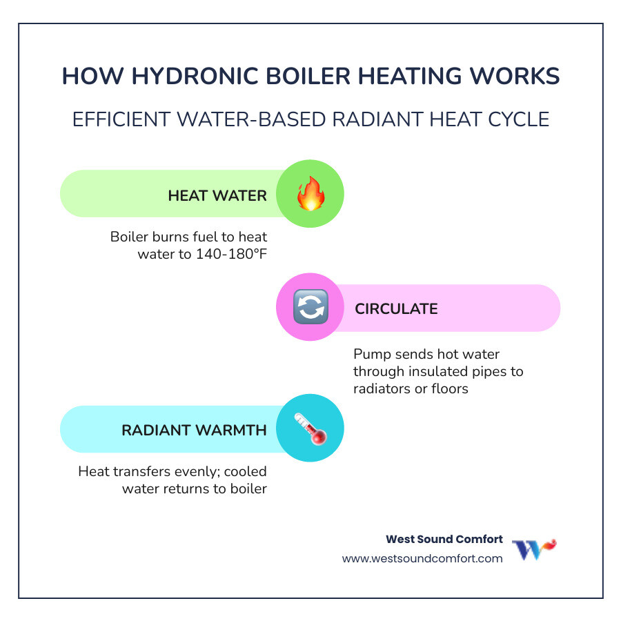 Infographic showing how a hydronic boiler system works: boiler heats water, circulates through pipes, delivers radiant heat Infographic showing how a hydronic boiler system works: boiler heats water, circulates through pipes, delivers radiant heat