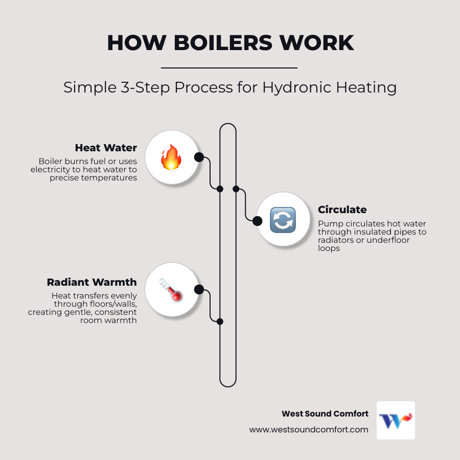 Infographic showing how a boiler heating system works step by step for Bainbridge Island homes - best boiler heat
