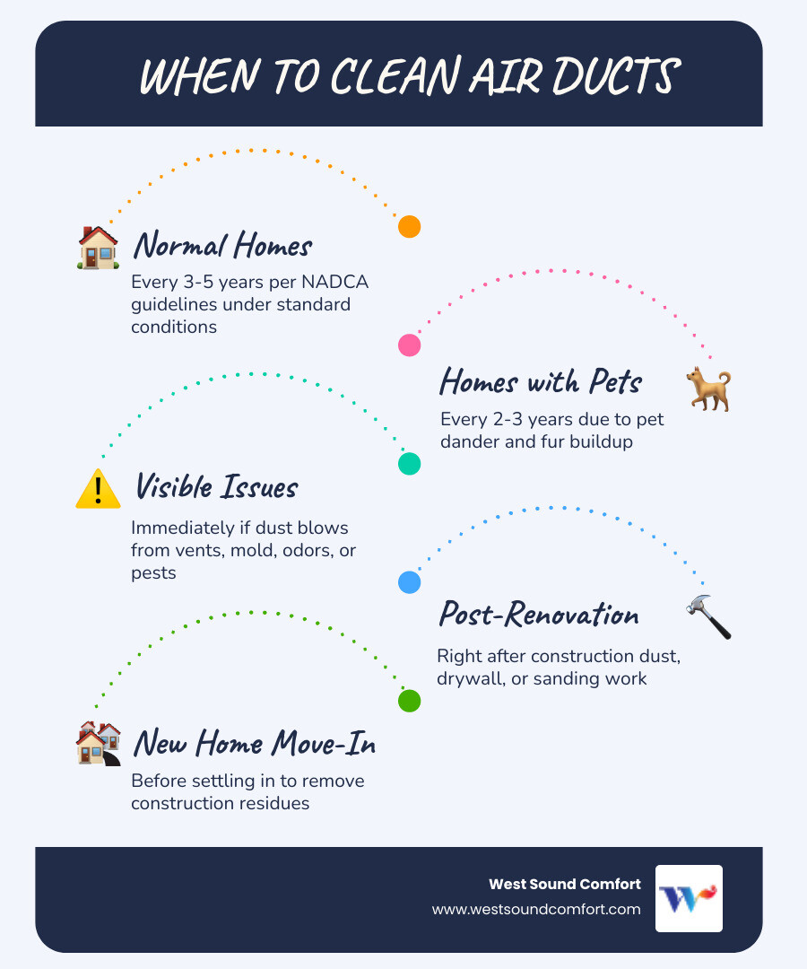 infographic showing air duct cleaning frequency triggers and recommended schedule for homeowners - when should you get your infographic showing air duct cleaning frequency triggers and recommended schedule for homeowners - when should you get your