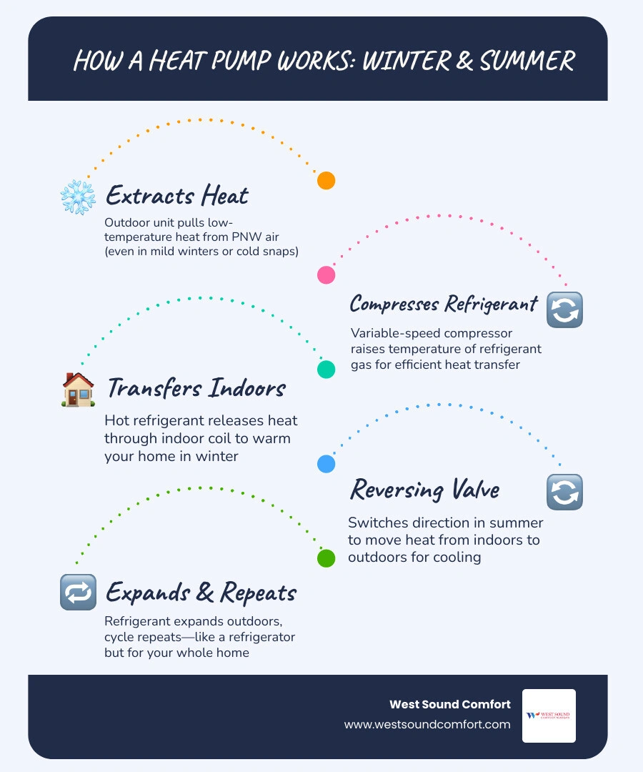 Infographic showing how a heat pump moves heat in winter and summer in the Pacific Northwest infographic Infographic showing how a heat pump moves heat in winter and summer in the Pacific Northwest infographic