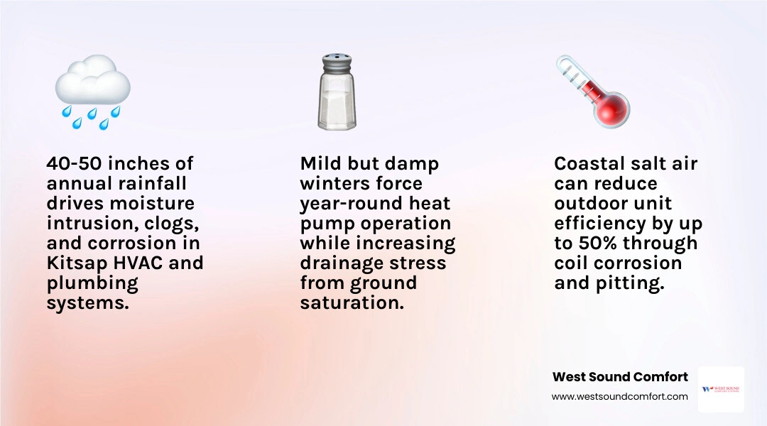 Infographic showing Kitsap Peninsula climate impacts on HVAC and plumbing systems infographic Infographic showing Kitsap Peninsula climate impacts on HVAC and plumbing systems infographic