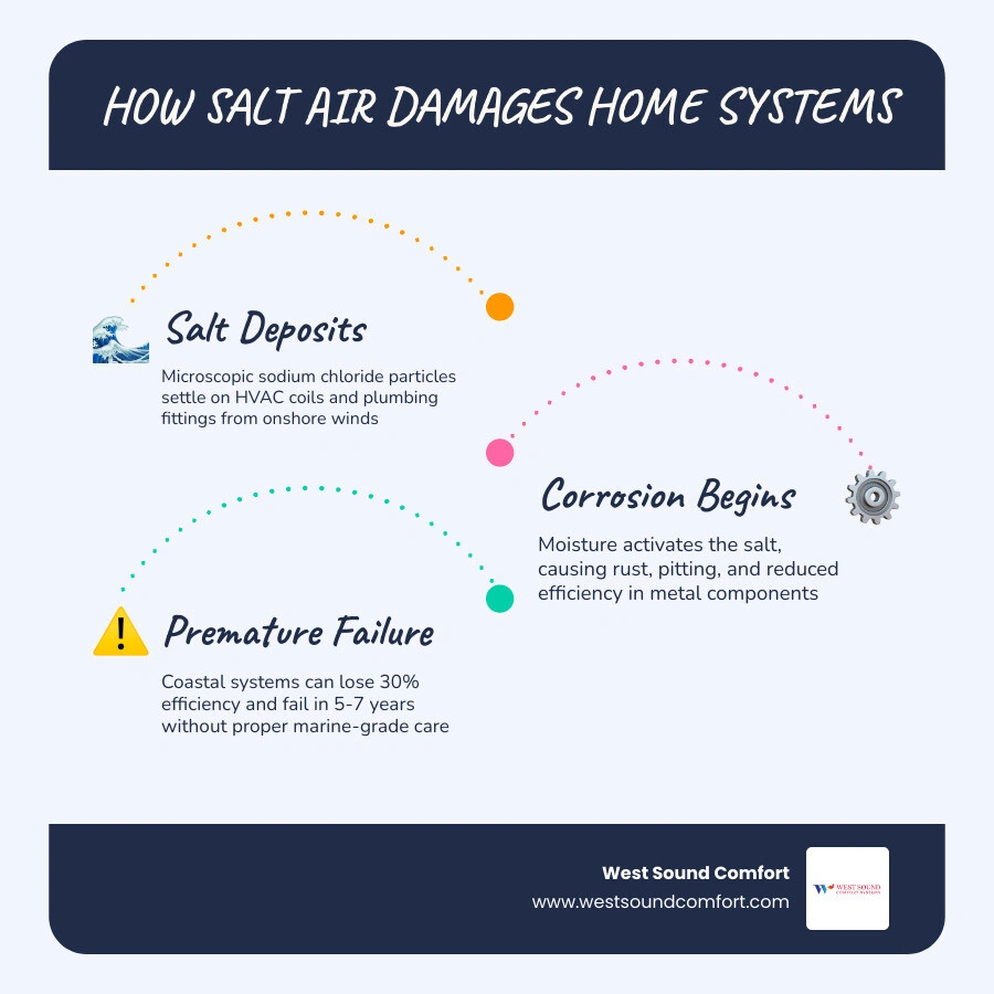 infographic showing how salt air and humidity affect outdoor HVAC coils and plumbing pipes in a marine climate infographic infographic showing how salt air and humidity affect outdoor HVAC coils and plumbing pipes in a marine climate infographic