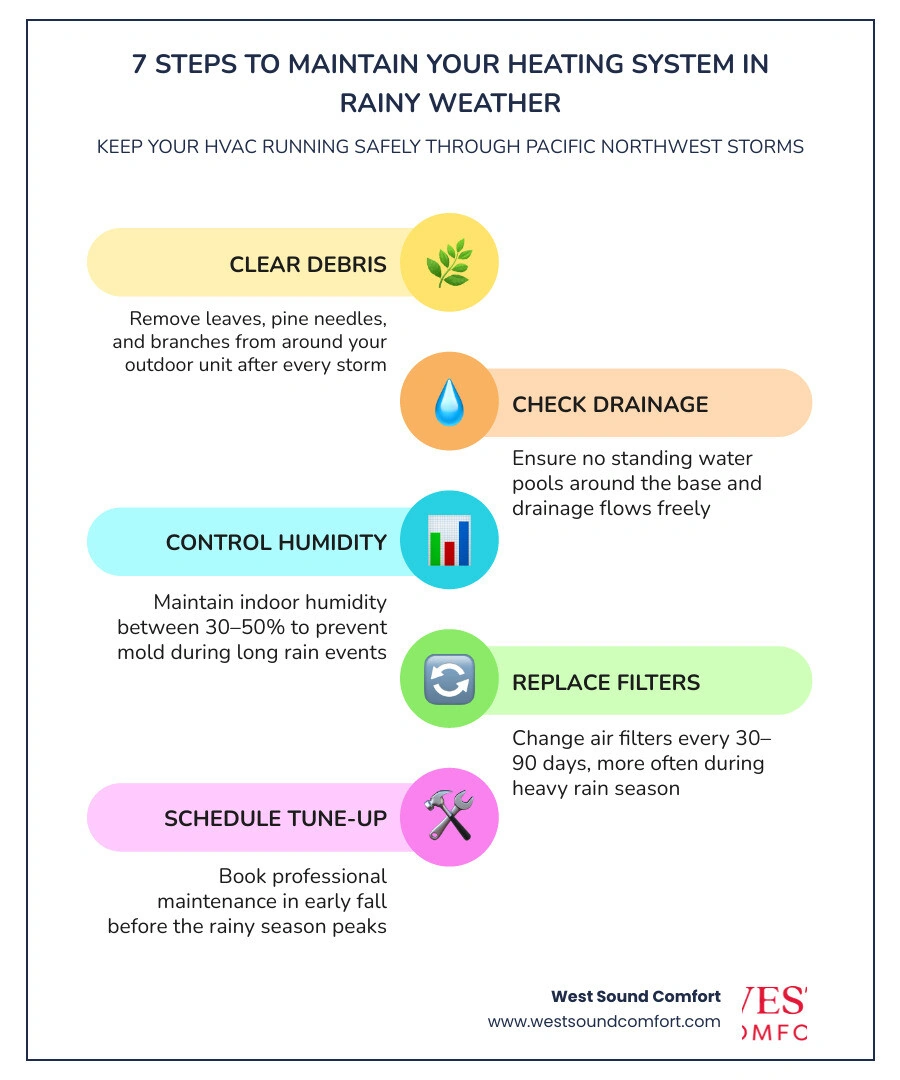Infographic showing 7 steps to maintain your heating system in rainy weather during Pacific Northwest storms infographic
