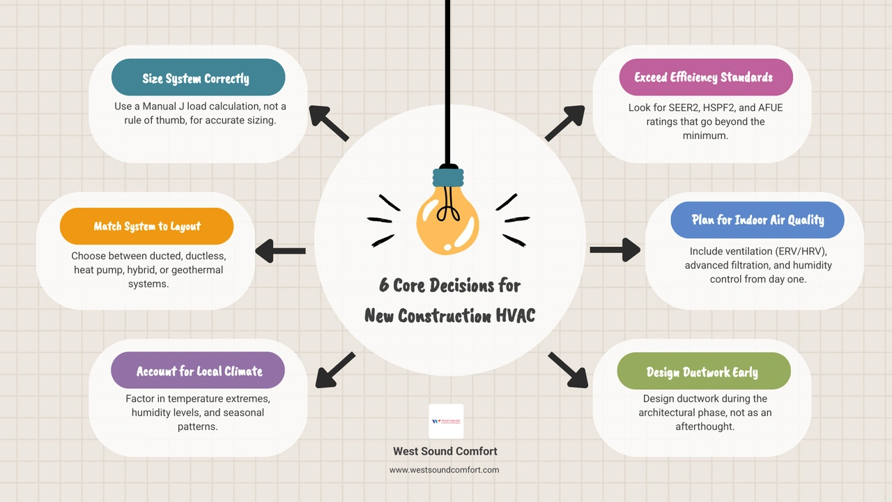 HVAC planning timeline infographic for new construction homes from design phase to commissioning - how to choose the right