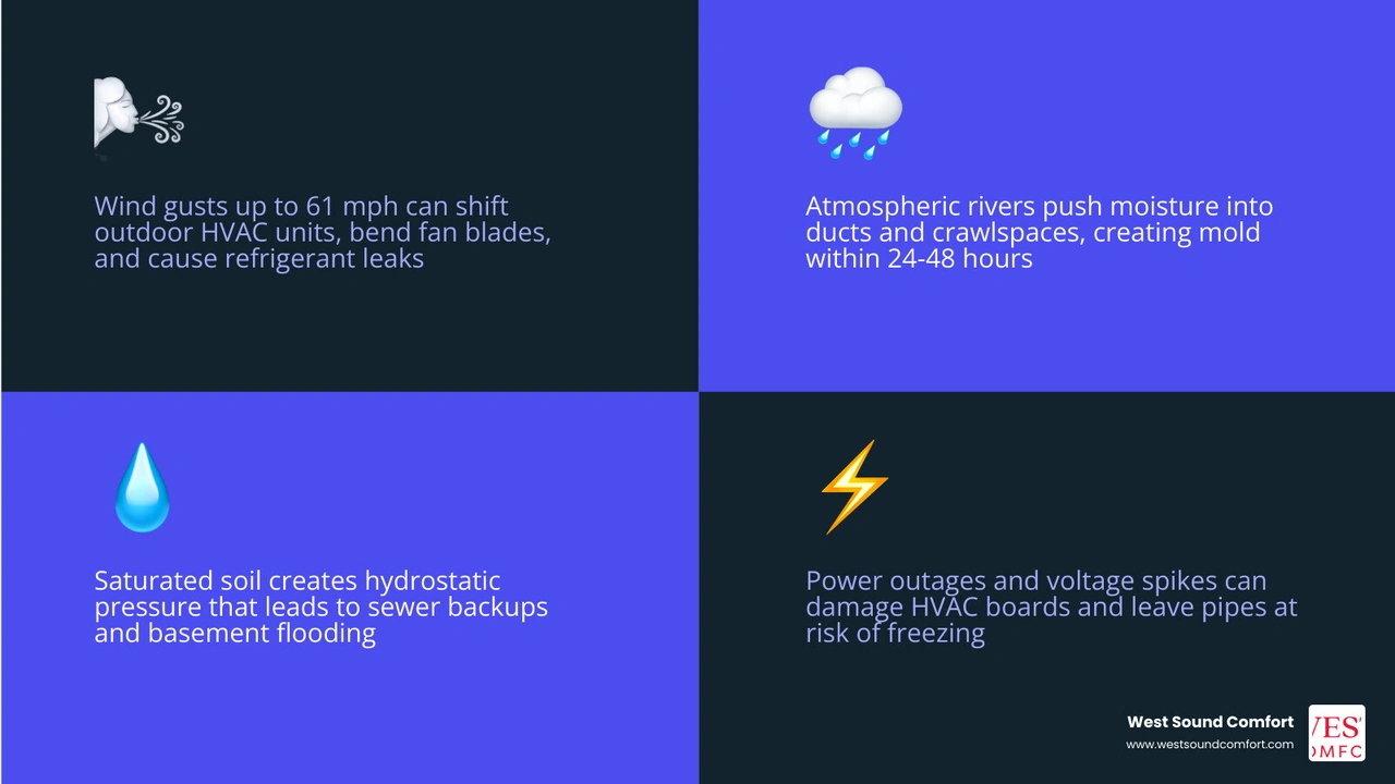 Infographic showing dual impact of Pacific Northwest wind and rain storms on HVAC units and plumbing systems infographic