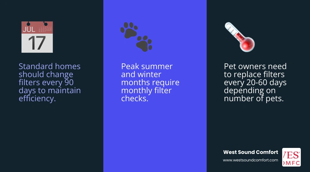 Infographic showing HVAC air filter lifespan by filter type and household conditions infographic