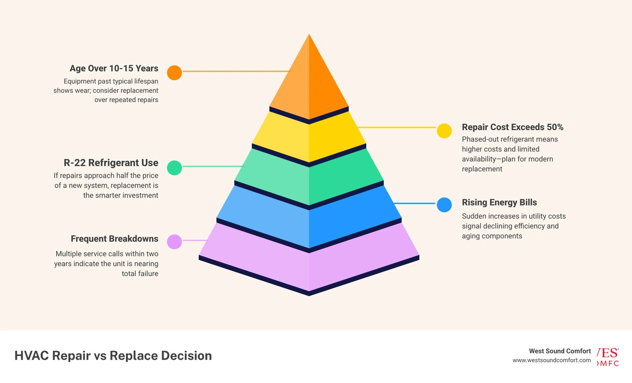 Infographic showing the HVAC repair vs replace decision path based on age, cost, refrigerant, and warning signs infographic Infographic showing the HVAC repair vs replace decision path based on age, cost, refrigerant, and warning signs infographic
