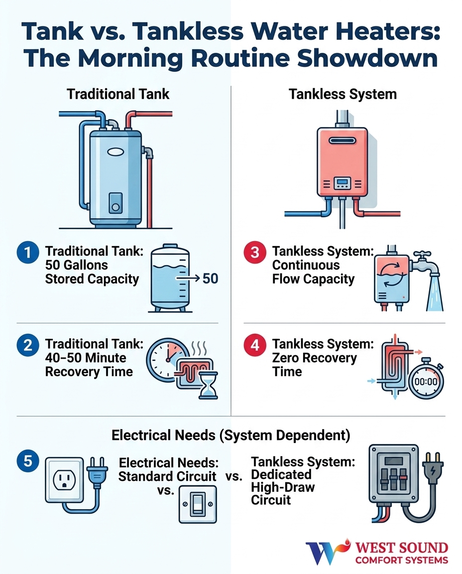 Tank vs. Tankless Water Heaters: The Morning Routine Showdown