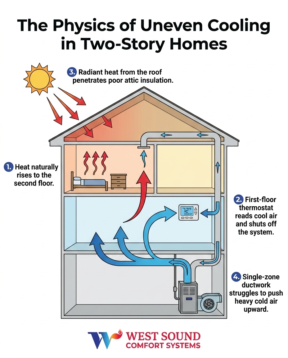 The Physics of Uneven Cooling in Two-Story Homes