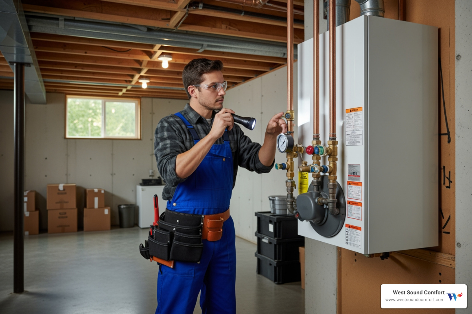 Infographic showing four key benefits of regular boiler maintenance: a thermometer icon with "30% efficiency improvement," a wrench icon with "95% fewer breakdowns," a 15-year lifespan extension for a boiler, and a dollar sign icon with "lower energy bills" - boiler heat maintenance in silverdale wa