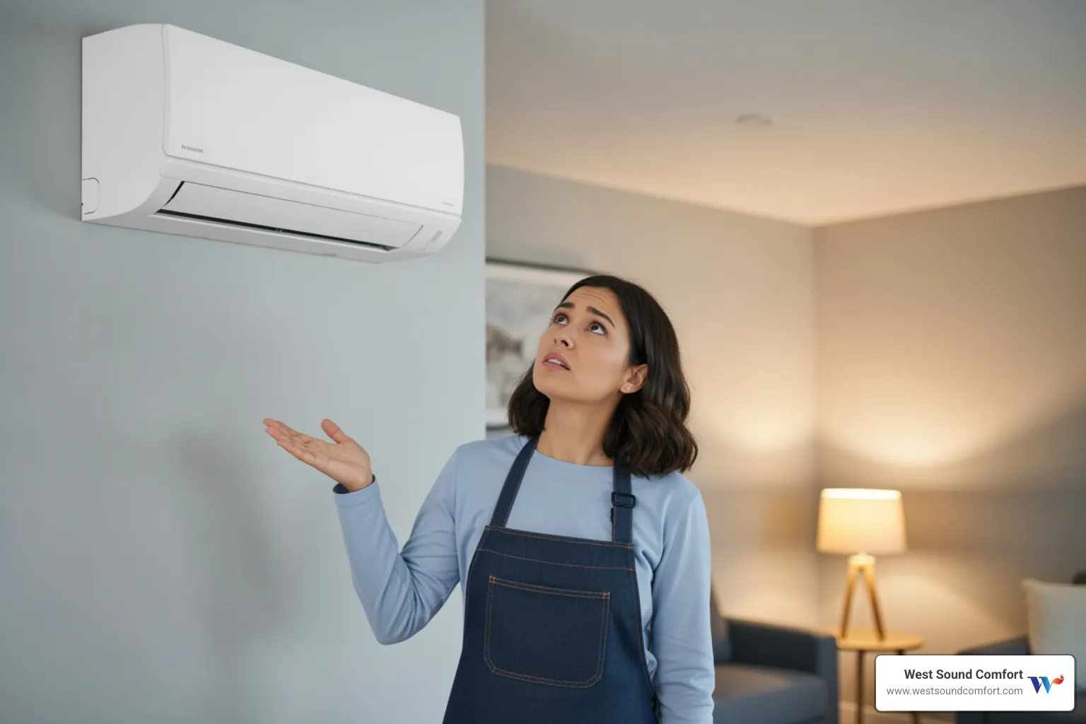 homeowner looking at indoor mini-split unit with concerned expression - ductless mini-split broken in bremerton, wa