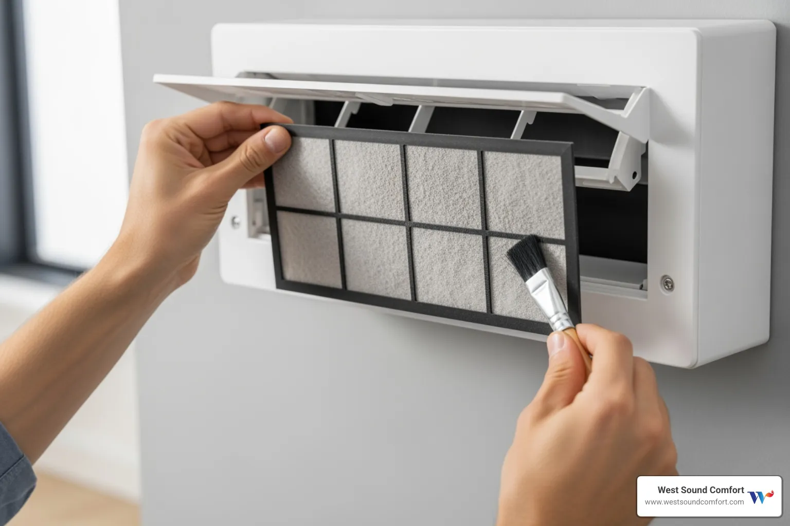 A person easily removing and cleaning a mini-split's air filter - ductless mini-split maintenance service in poulsbo, wa