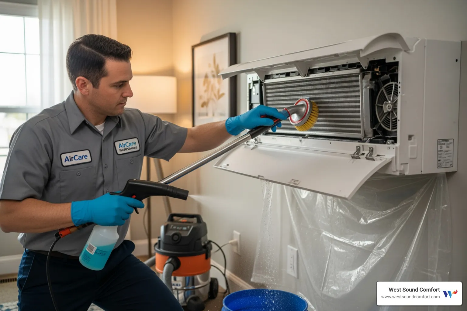 A technician professionally cleaning the coils of an indoor mini-split unit - ductless mini-split maintenance service in poulsbo, wa