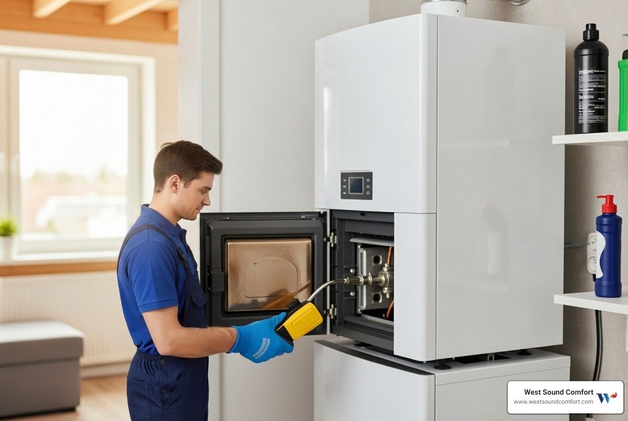 Infographic explaining the top 5 benefits of annual boiler maintenance: 1) Extends system lifespan by 5-10 years, 2) Prevents 90% of boiler failures, 3) Reduces heating costs by up to 30%, 4) Ensures safe operation and carbon monoxide protection, 5) Maintains manufacturer warranty coverage. - home boiler heat maintenance in silverdale, wa
