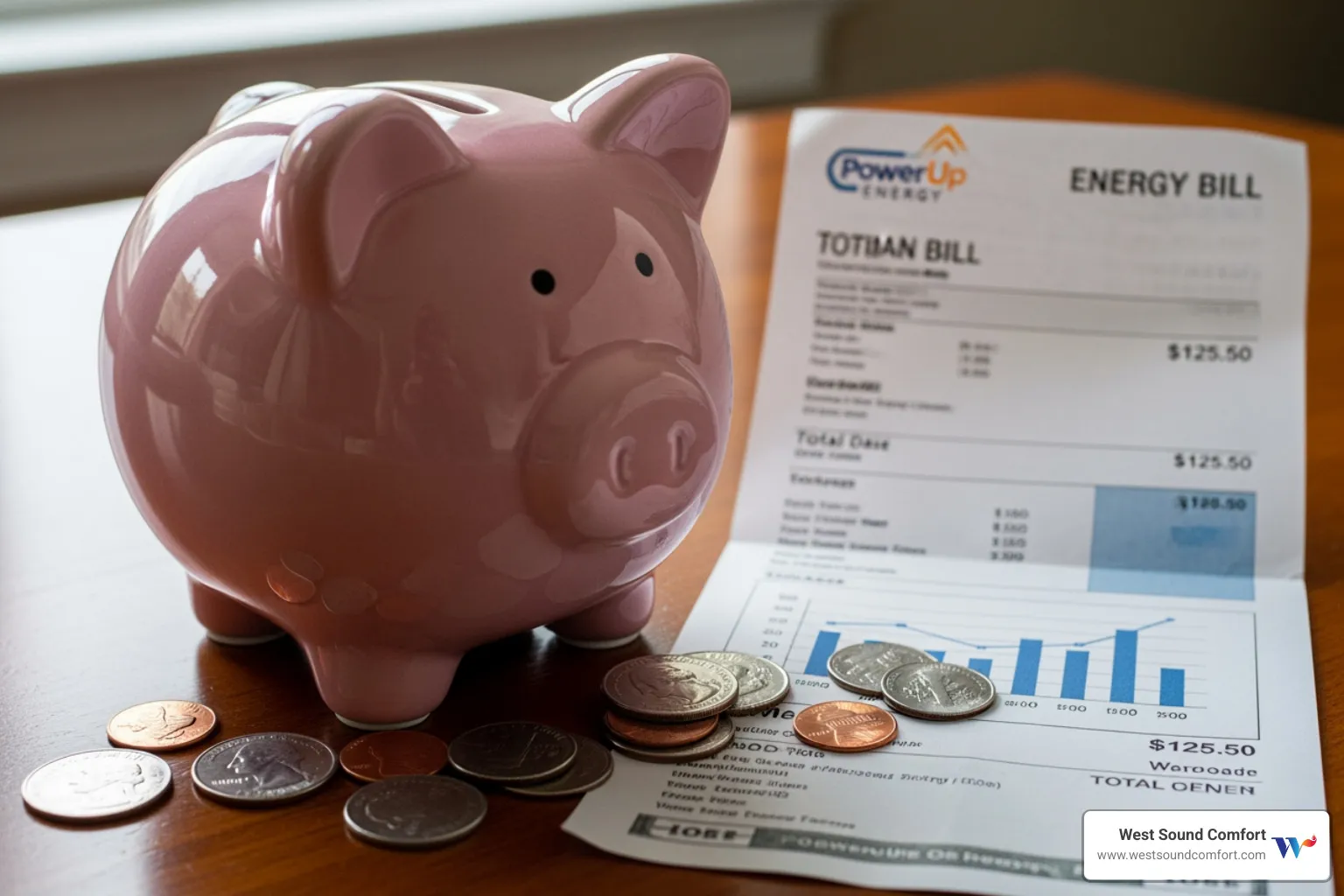 A piggy bank next to an energy bill, symbolizing cost savings - hvac maintenance in brownsville, wa