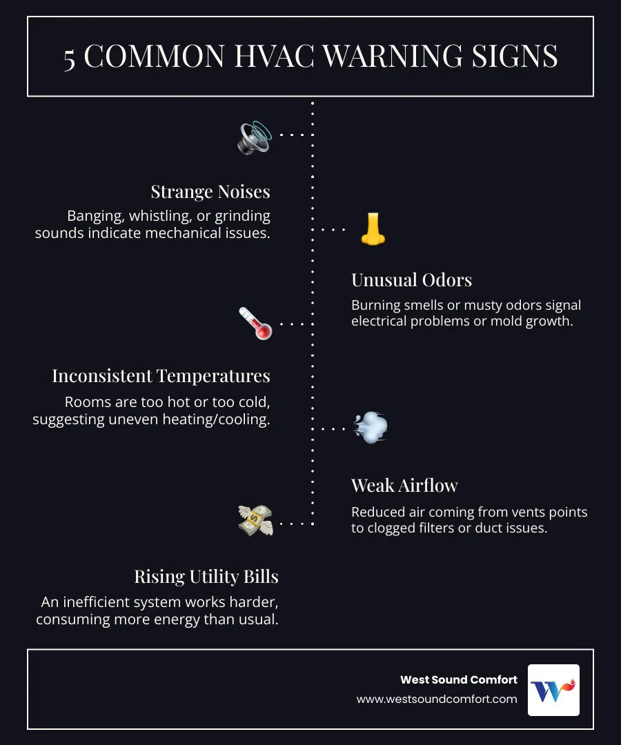 infographic showing 5 common HVAC warning signs: strange noises like banging or whistling, unusual burning or musty odors, rooms with inconsistent temperatures, weak airflow from vents, and unexplained spikes in utility bills - hvac repair in sequim, wa infographic infographic-line-5-steps-dark