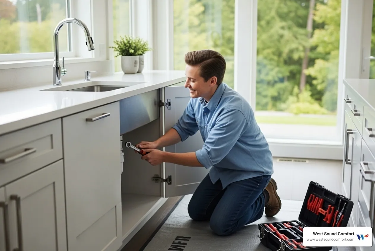 technician fixing kitchen sink in Bainbridge Island home - rolling bay plumbing