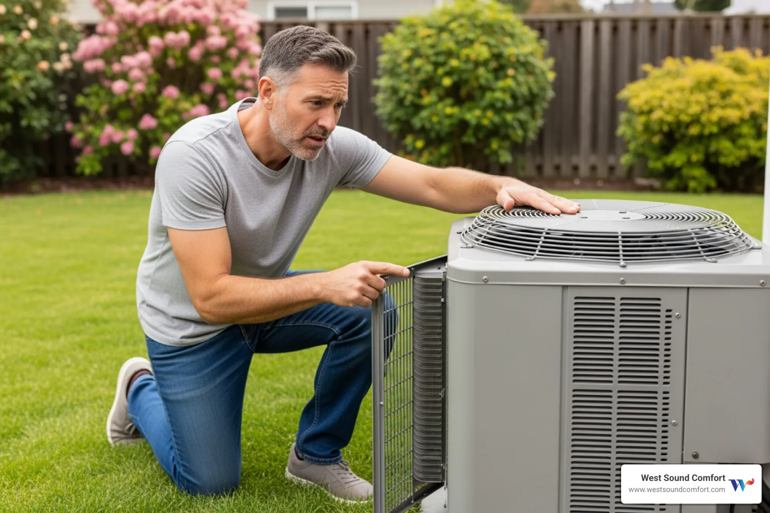 homeowner looking concerned at their outdoor heat pump unit - same day heat pump repair in bainbridge island, wa