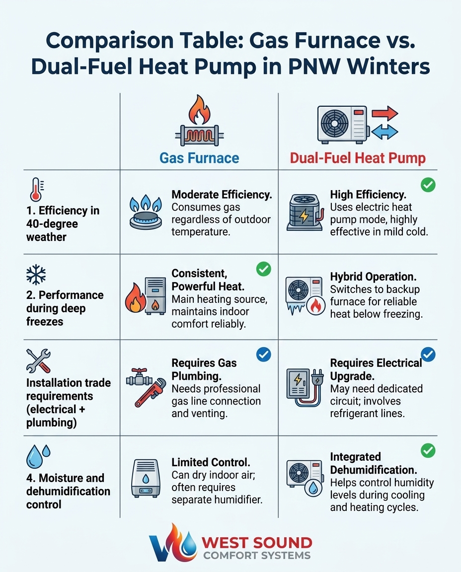 Comparison Table: Gas Furnace vs. Dual-Fuel Heat Pump in PNW Winters
