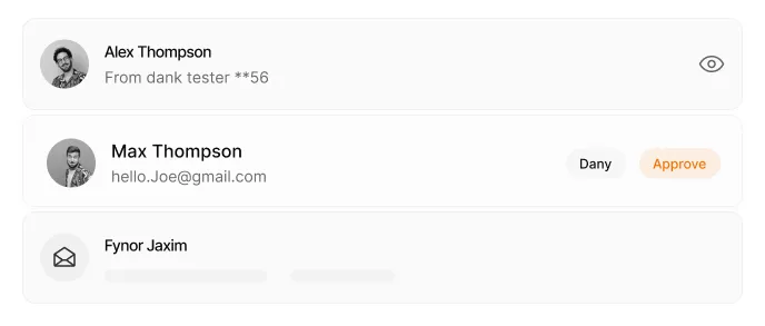 User interface showing three contact entries with profile pictures, names, email details, and options including an eye icon and an Approve button.