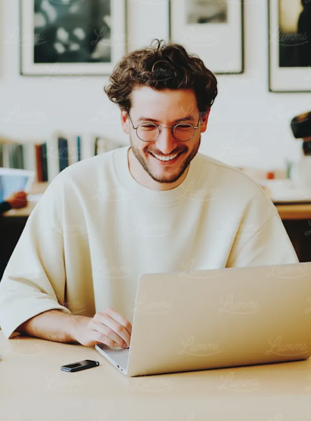 Smiling young man with glasses working on a laptop at a desk in a cozy room.