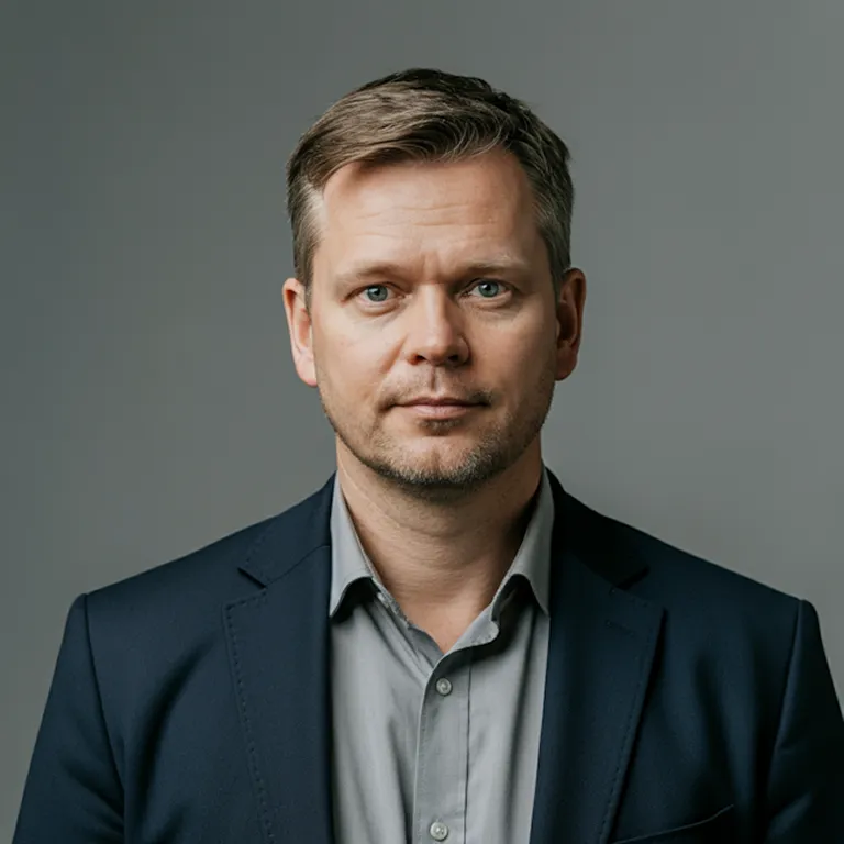 Portrait of a serious middle-aged man with short hair wearing a dark blazer and light gray shirt against a plain gray background.