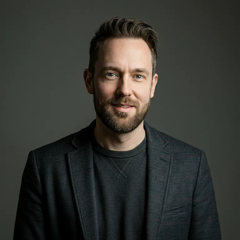 Smiling man with short brown hair and beard wearing a black blazer and dark sweater against a gray background.