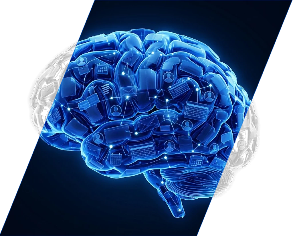 Zářící mozek složený z firemních dokumentů, e-mailů, kalendářů, tabulek a lidí – firemní AI B/ue Brain