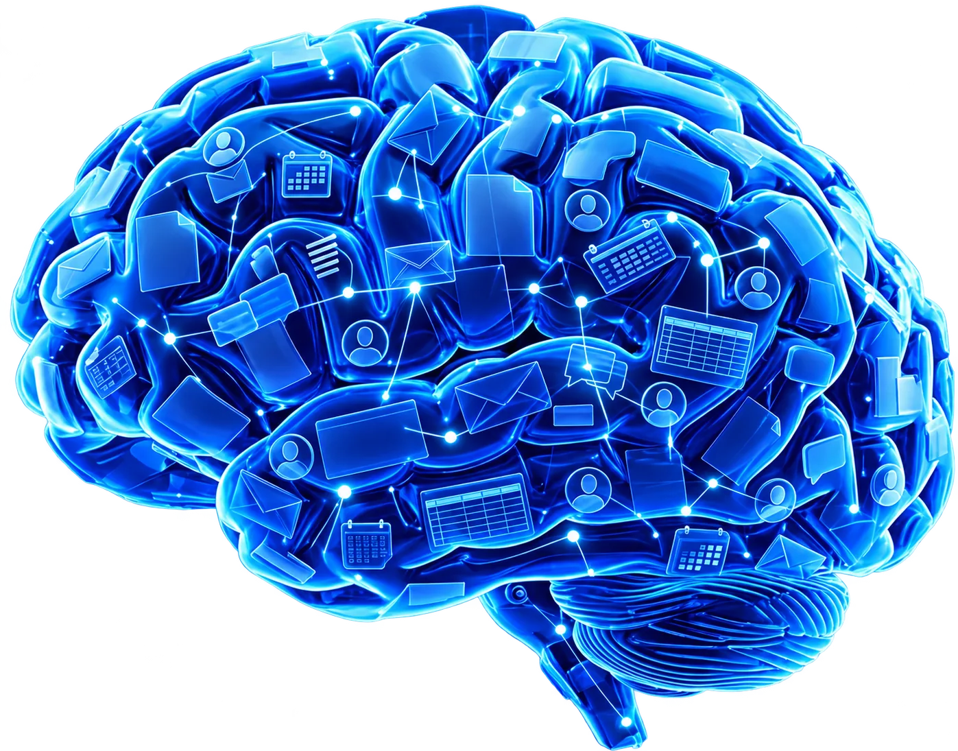 Zářící mozek složený z firemních dokumentů, e-mailů, kalendářů, tabulek a lidí – firemní AI B/ue Brain