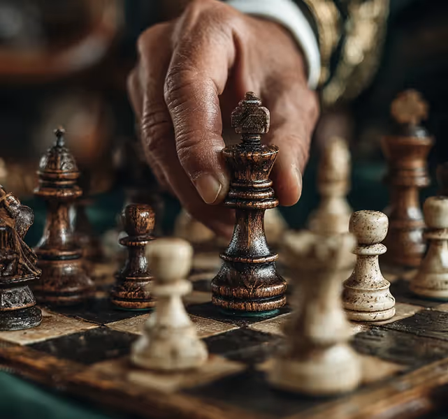 Hand moving a dark wooden king chess piece on a chessboard with other chess pieces in play.