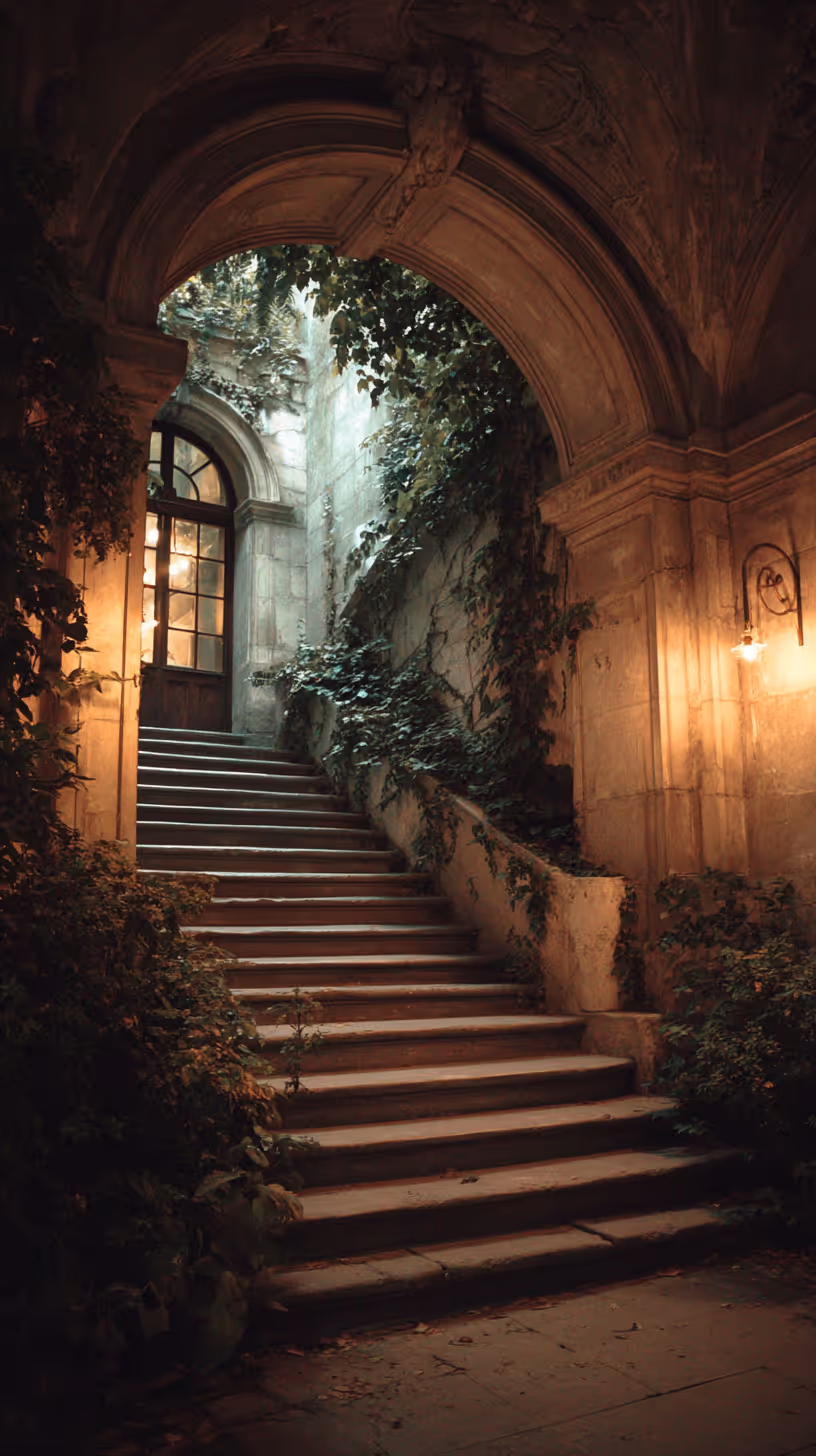 Stone staircase lit by warm wall lamps, surrounded by ivy-covered walls and archway, leading to a wooden door with glass panes.