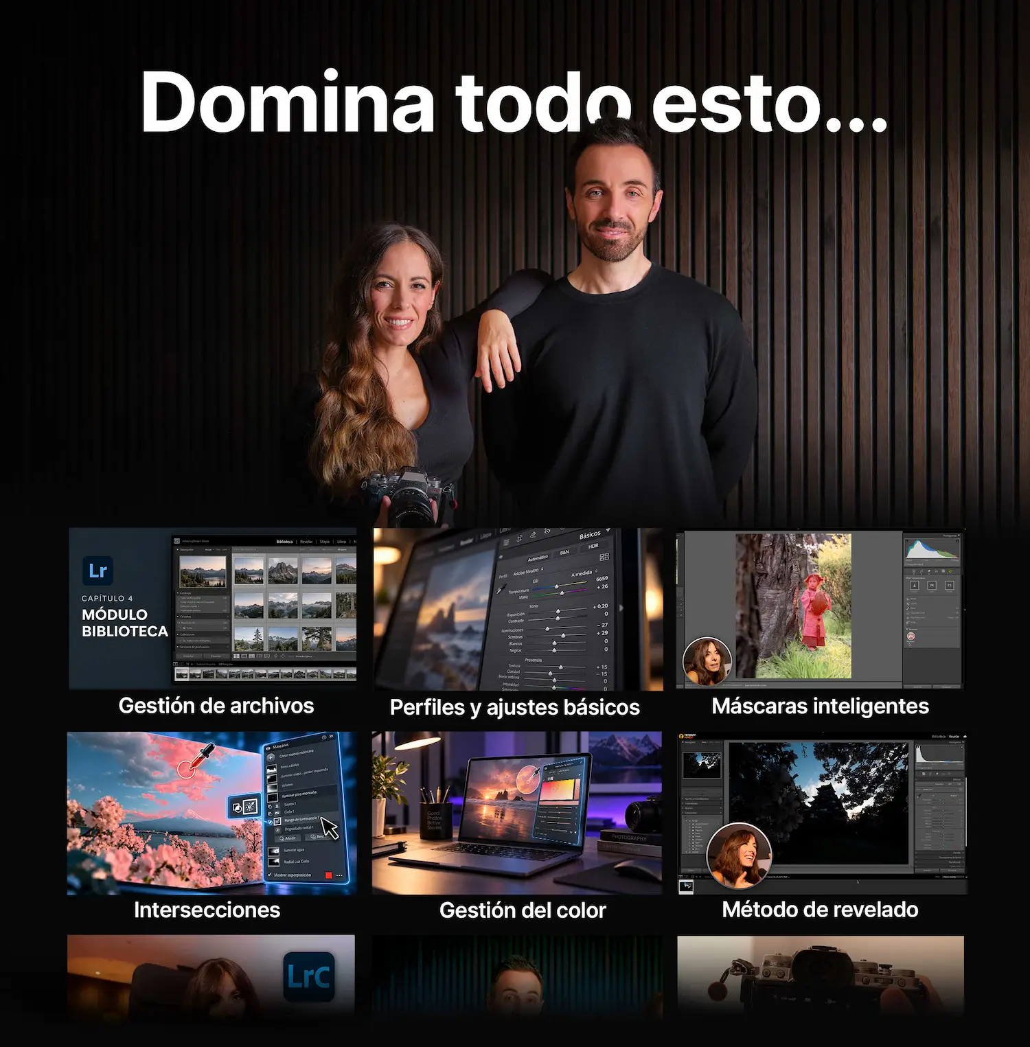 Domina todo esto: Laura y Juan con capturas de las lecciones del curso