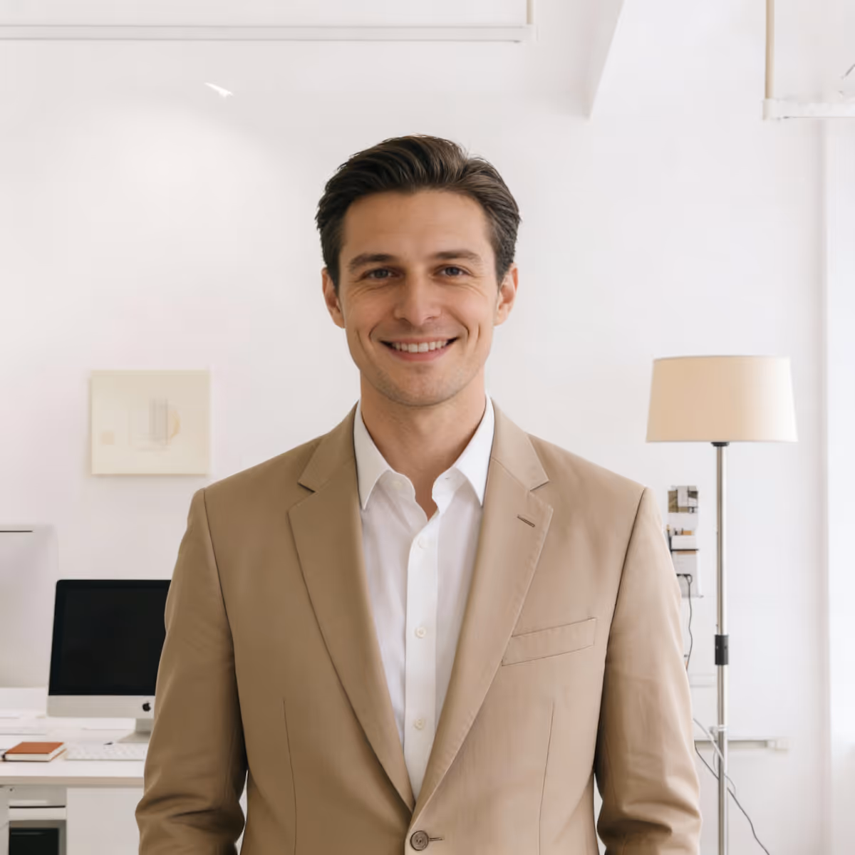 Smiling man in a beige suit jacket and white shirt standing in a modern office with a desk, computer, and floor lamp in the background.