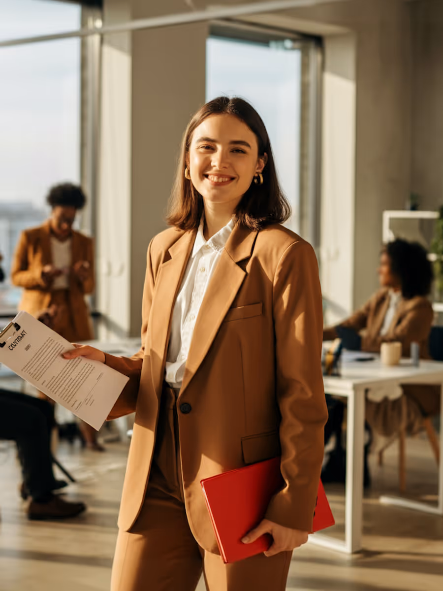 Smiling professional woman in a brown suit holding a resume and a red folder in an office setting.