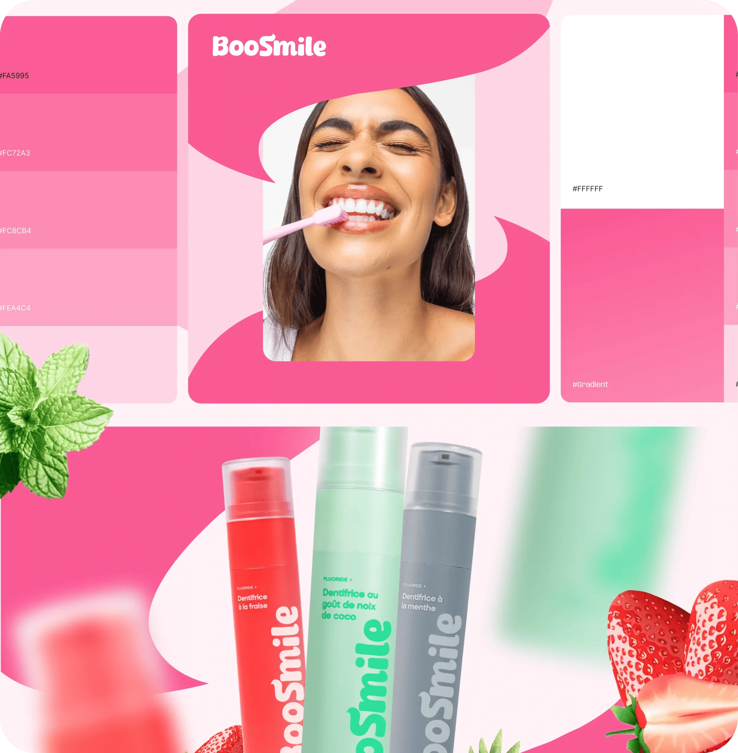 Smiling woman brushing her teeth with a pink toothbrush above three BooSmile toothpaste bottles in strawberry, coconut, and mint flavors.