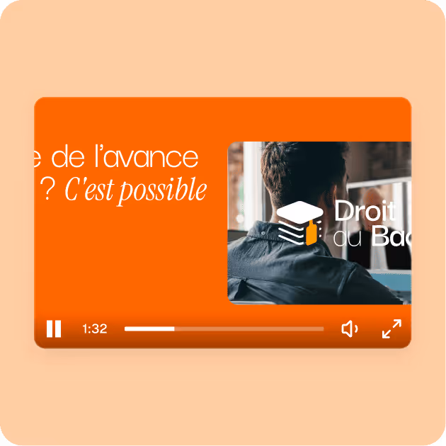 Video player interface showing a paused video at 1:32 with an orange background and a small window featuring a man from behind and the text 'Droit au Bac.'
