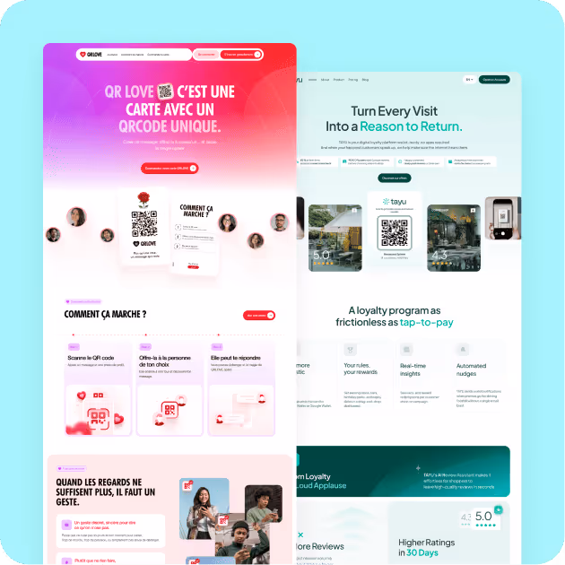 Side-by-side webpage screenshots promoting QR code loyalty programs, one in French with pink gradient and the other in English with teal accents.