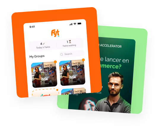 Two overlapping app screens, the front shows a group management interface with photos and stats, the back shows a man against a green background with French text about launching in e-commerce.
