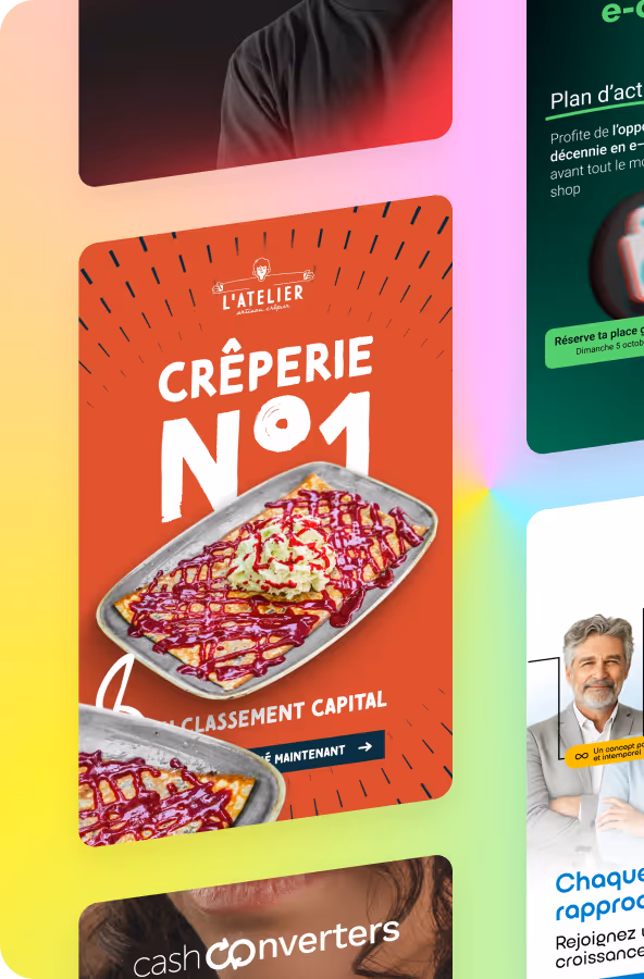 Affiche publicitaire d'une crêperie numéro 1 avec une crêpe garnie de glace à la vanille et nappée de coulis rouge.