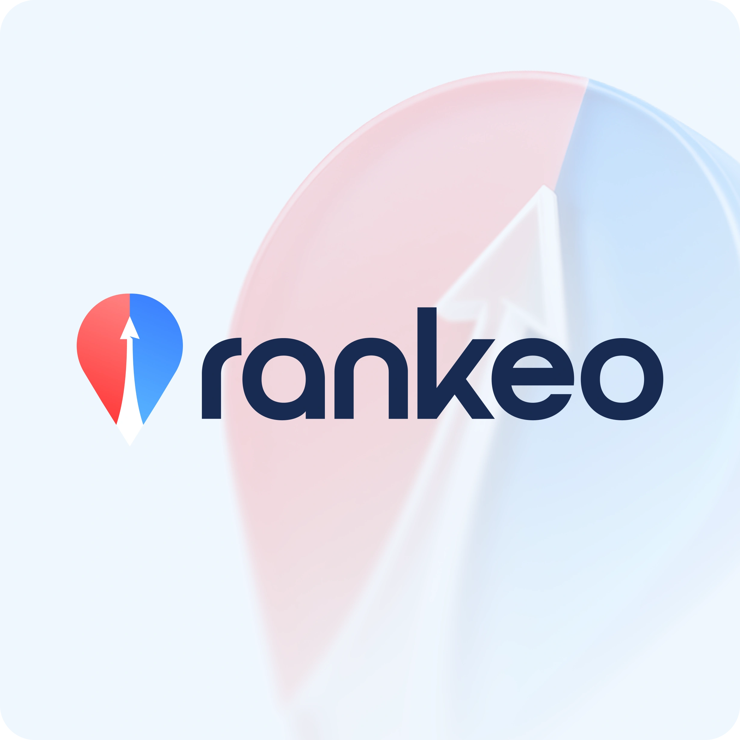 Logo Rankeo avec une flèche blanche pointant vers le haut dans une épingle en dégradé rouge et bleu, sur fond clair avec un graphique circulaire flou.