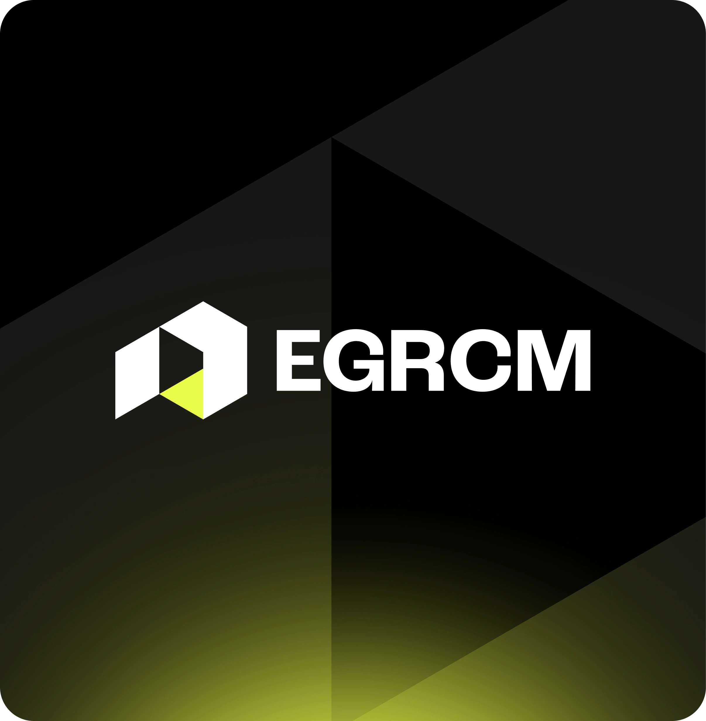 Logo blanc et jaune vif composé d'une forme hexagonale stylisée à gauche et des lettres majuscules EGRCM à droite sur fond noir dégradé.