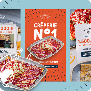 Dessert crémeux avec coulis rouge dans un plat carré en aluminium, image promotionnelle de la crêperie numéro 1 L'Atelier.