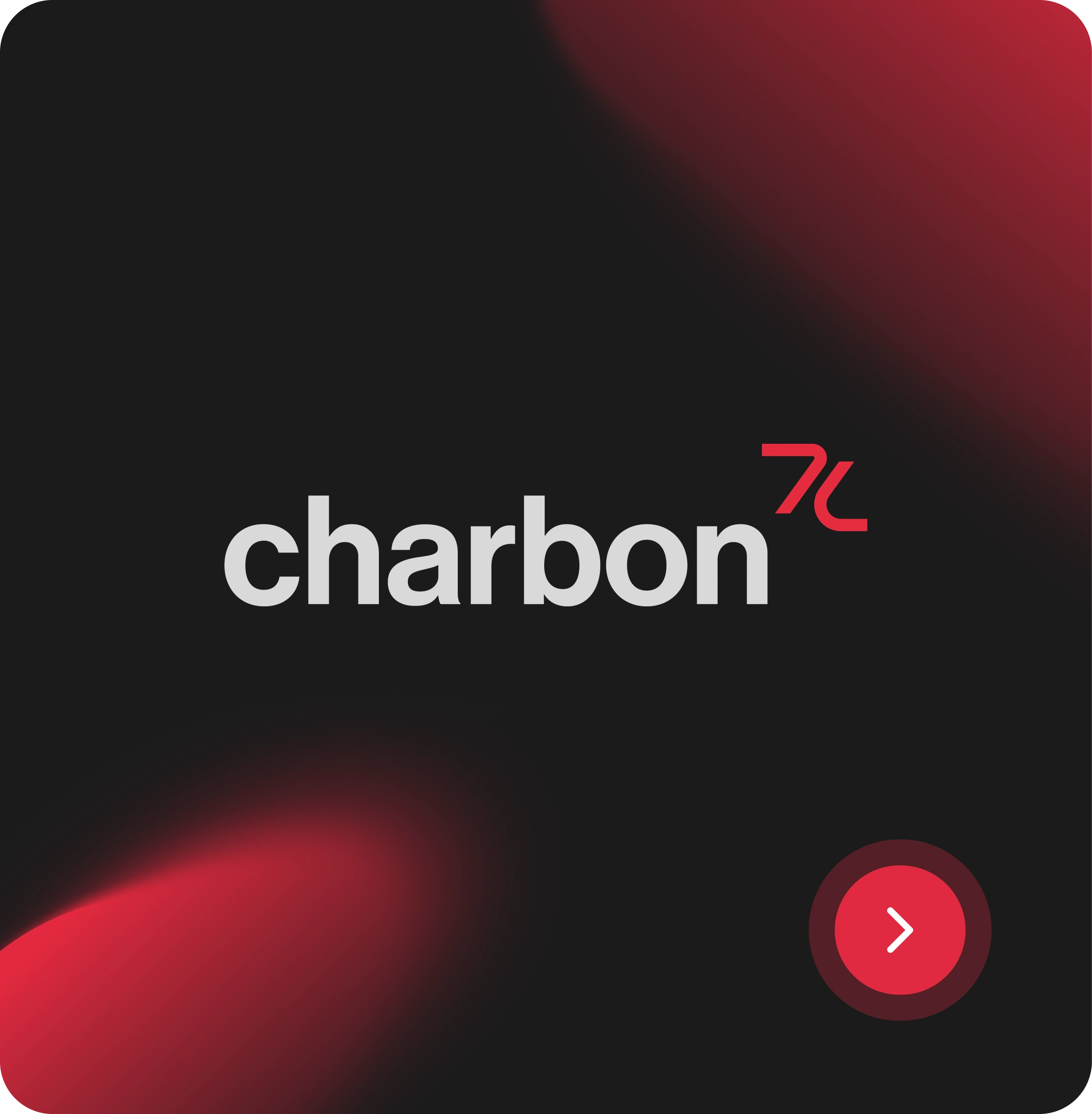 Logo blanc du mot « charbon » avec un symbole rouge stylisé sur un fond noir avec des éclats rouges et un cercle rouge avec une flèche blanche pointant à droite.