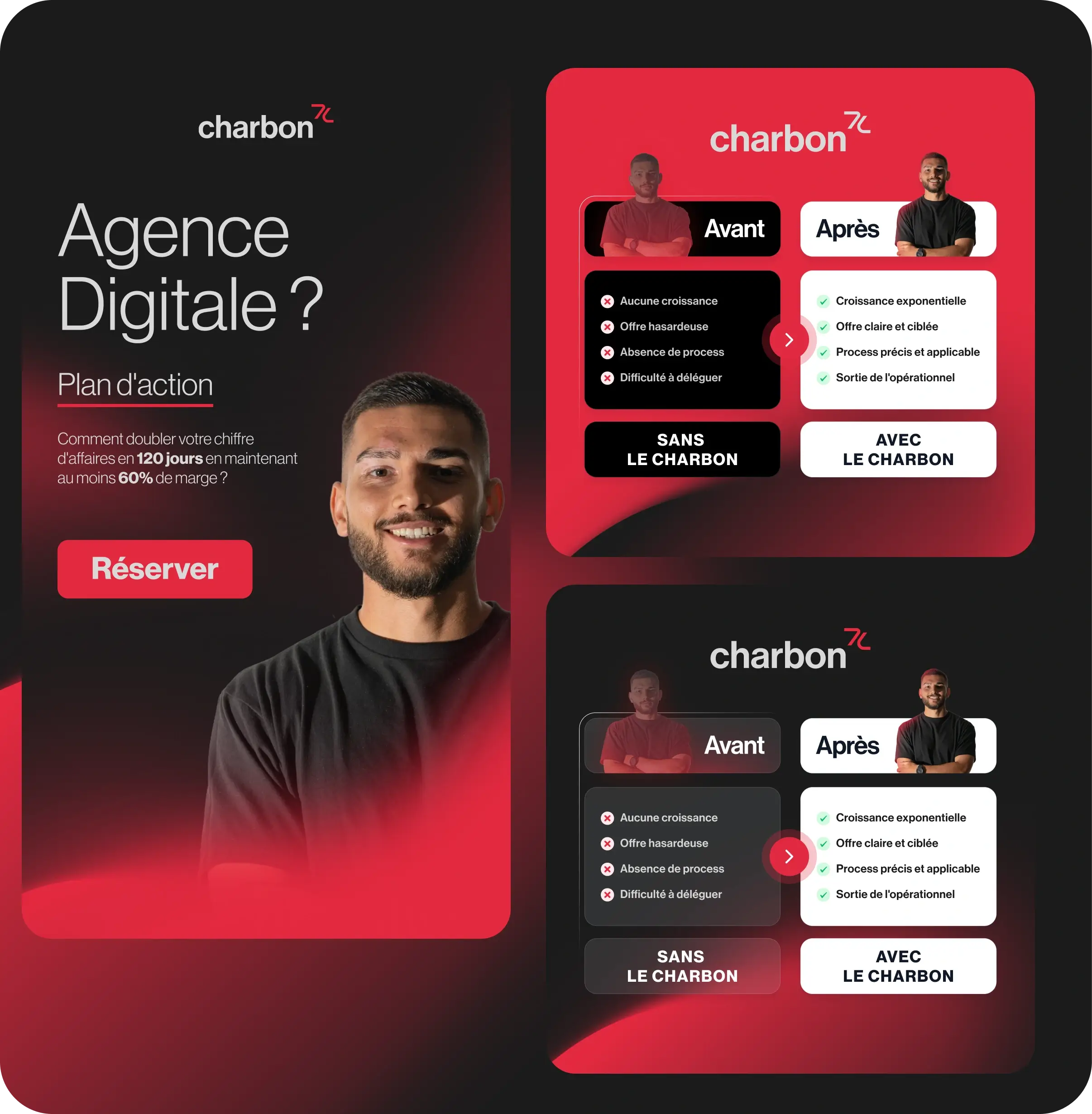 Publicité pour une agence digitale Charbon proposant un plan d'action pour doubler votre chiffre d'affaires en 120 jours avec 60% de marge, incluant un comparatif avant et après avec ou sans Charbon.
