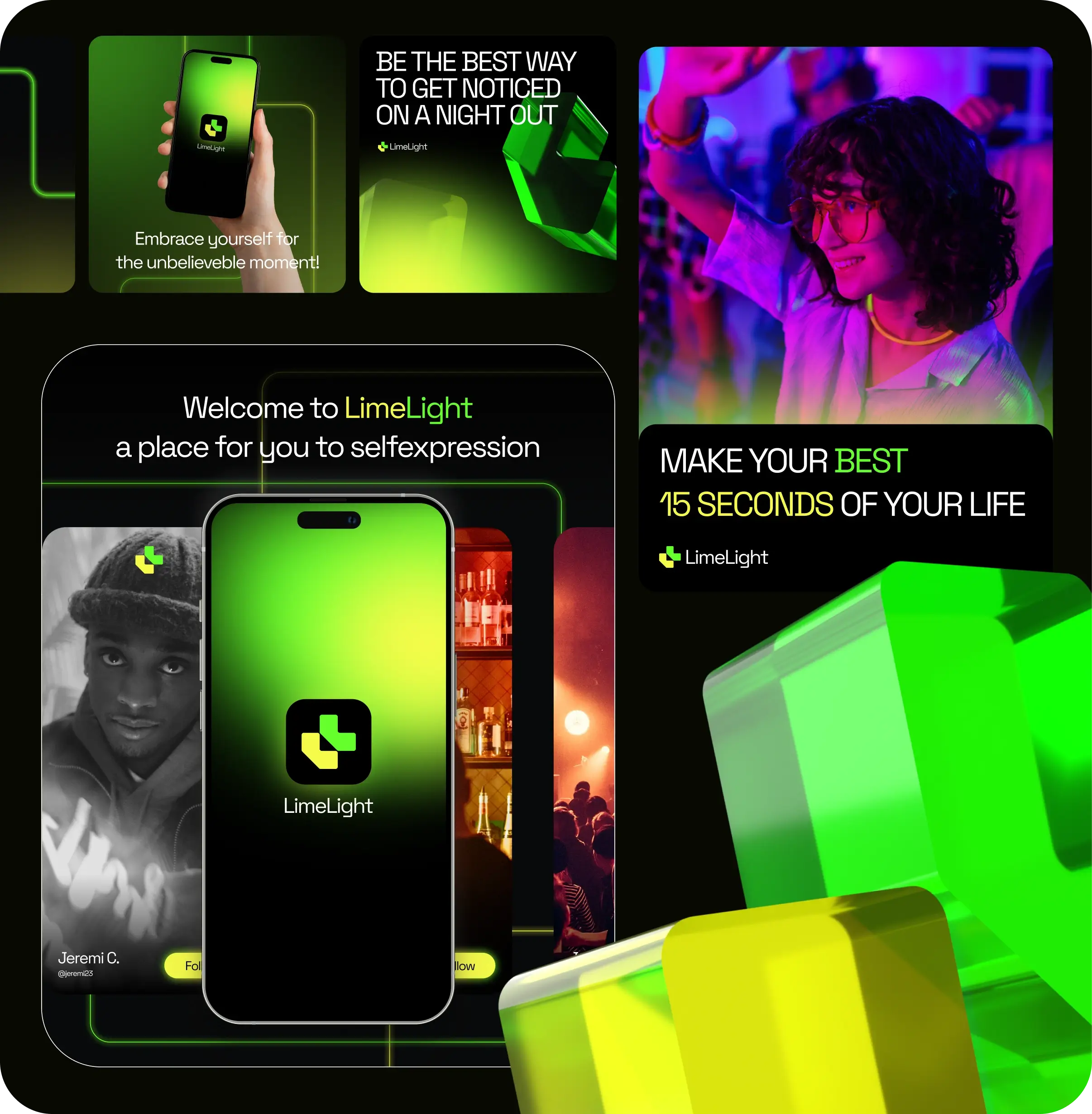 Montage d’une application LimeLight avec téléphone affichant le logo, photos de personnes, et textes promouvant l’expression de soi et l’importance de 15 secondes mémorables.