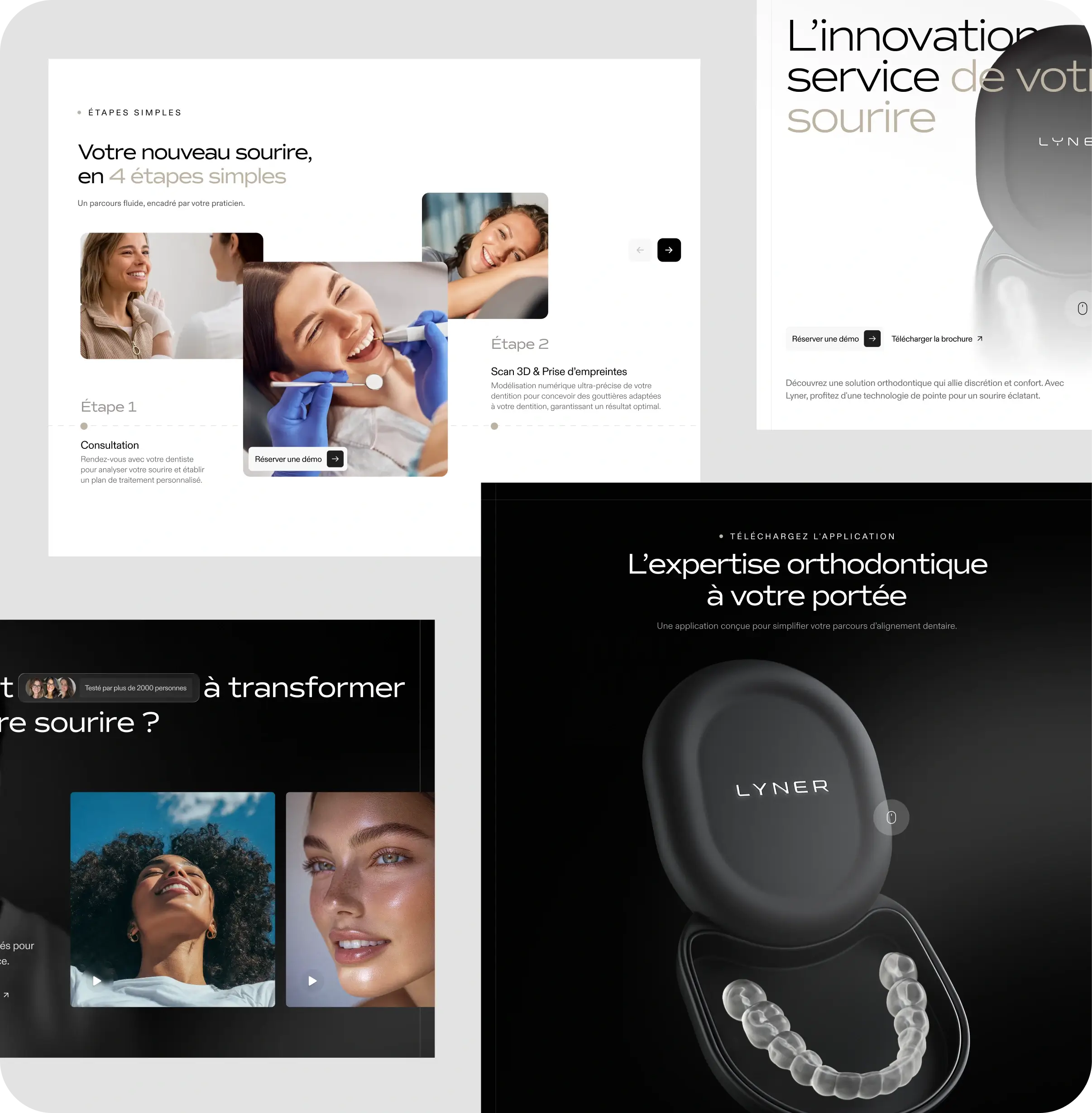 Capture d'écran d'une page web présentant un service orthodontique avec étapes simples, images de sourires, une application mobile et un boîtier noir LYNER contenant une gouttière dentaire transparente.