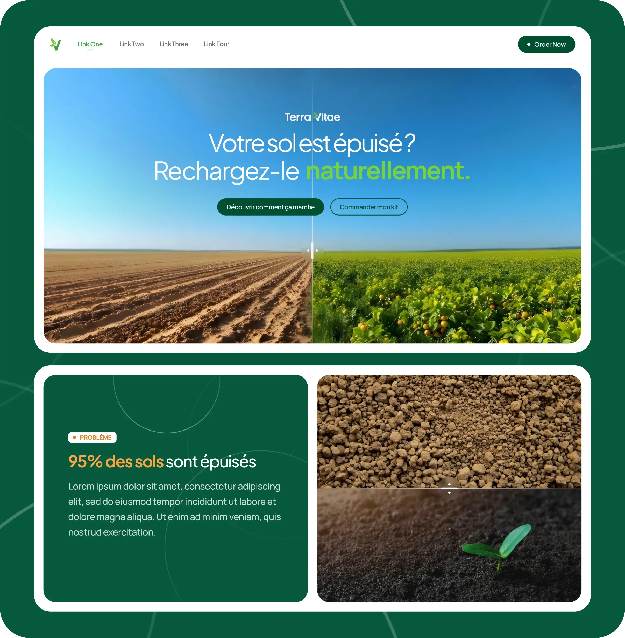 Page web montrant un sol sec et un sol fertile avec plantes, texte incitant à recharger le sol naturellement, et statistiques parlant des sols épuisés.