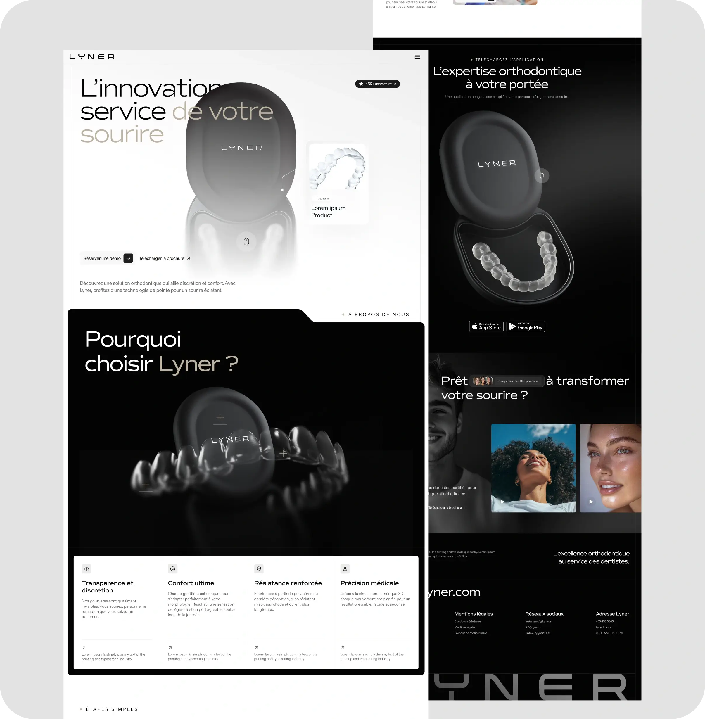 Page web de Lyner présentant des gouttières orthodontiques transparentes dans un boîtier noir, avec des sections sur l'innovation du sourire, les avantages comme la transparence, le confort, la résistance et la précision médicale, et une application mobile pour expertise orthodontique.