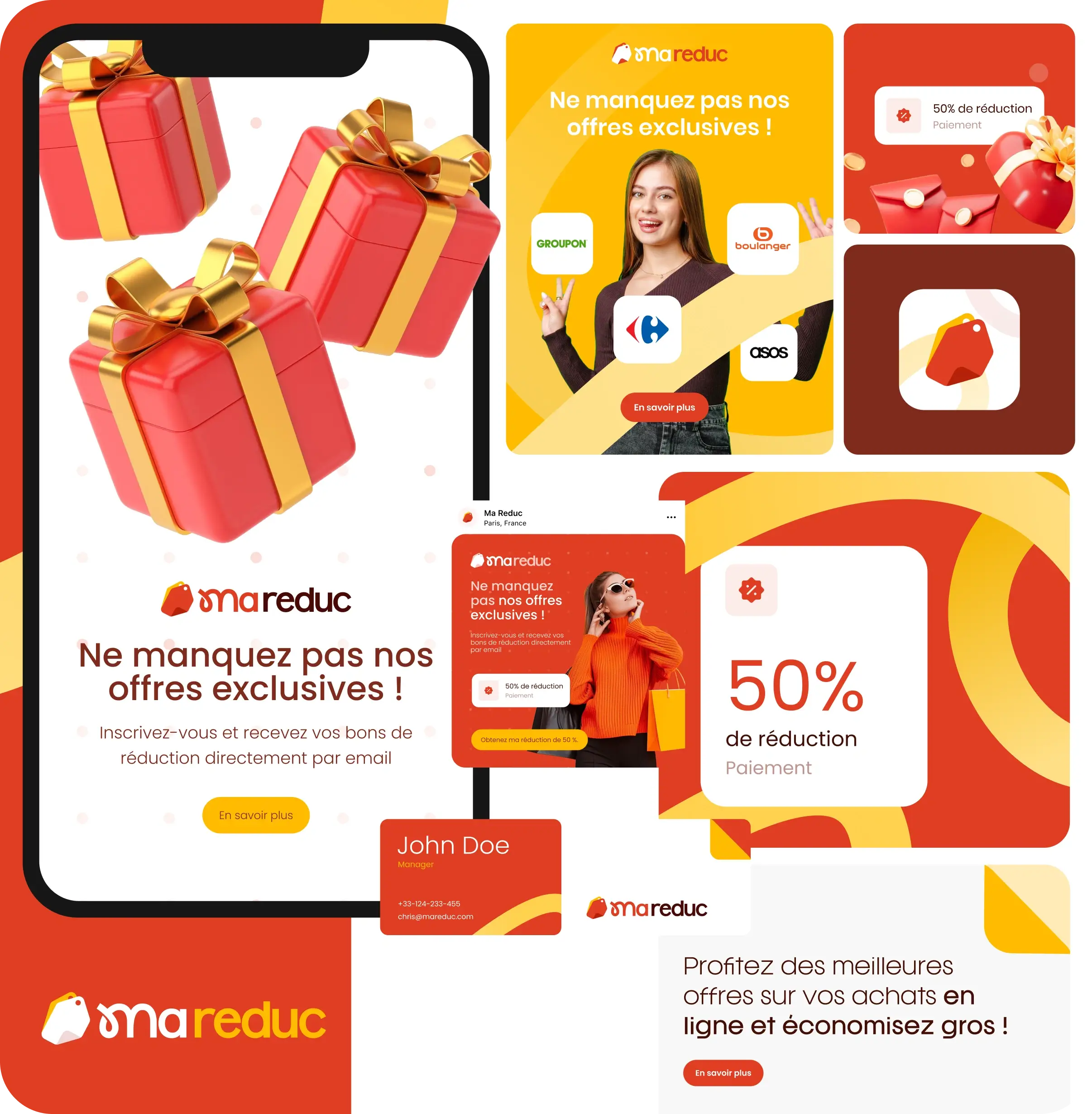 Publicité MaReduc avec cadeaux rouges à ruban doré, promotion de 50% de réduction, et incitations à ne pas manquer les offres exclusives en ligne.