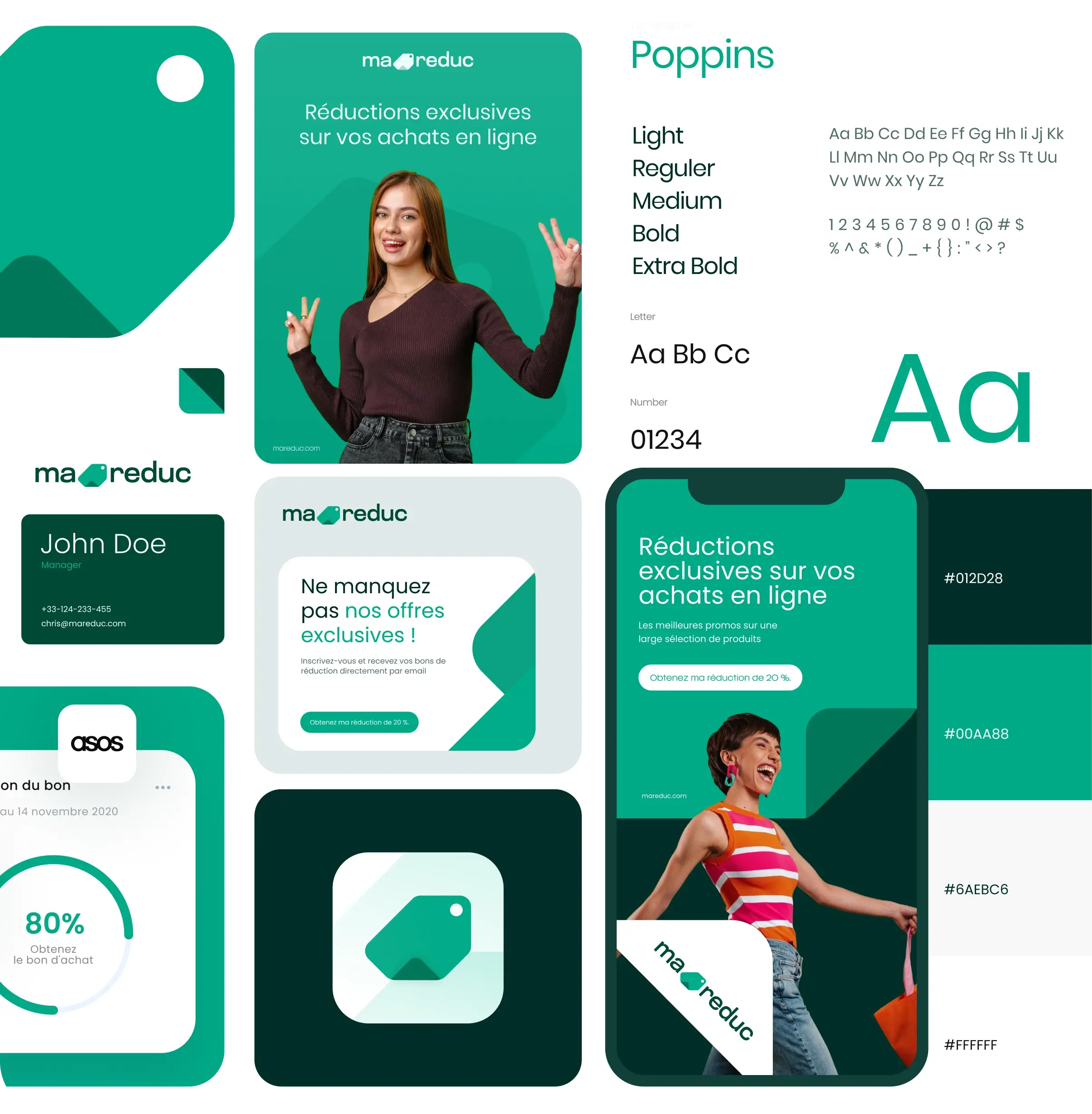 Présentation de l'identité visuelle de ma-reduc avec logo, polices Poppins, exemples d'utilisation sur smartphone et cartes, et palette de couleurs.